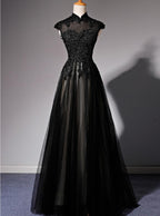 Elegant High Neckline Black Evening Dress, Tulle With Lace Applique Prom Dress