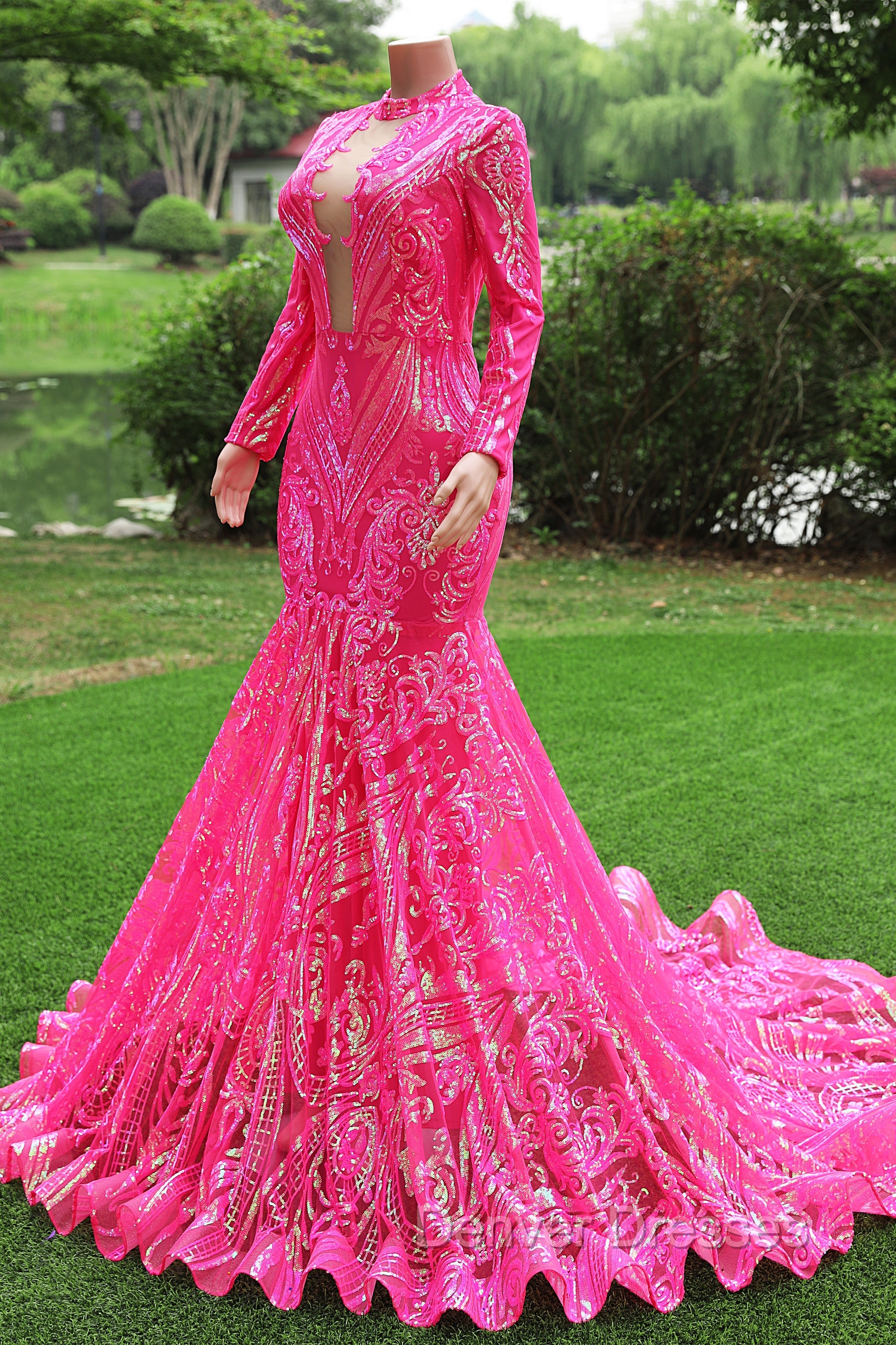 Elegant Hot Pink Mermaid Prom Dress Sequin Evening Party Dress Pageant Dress for Women