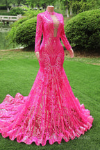 Elegant Hot Pink Mermaid Prom Dress Sequin Evening Party Dress Pageant Dress for Women
