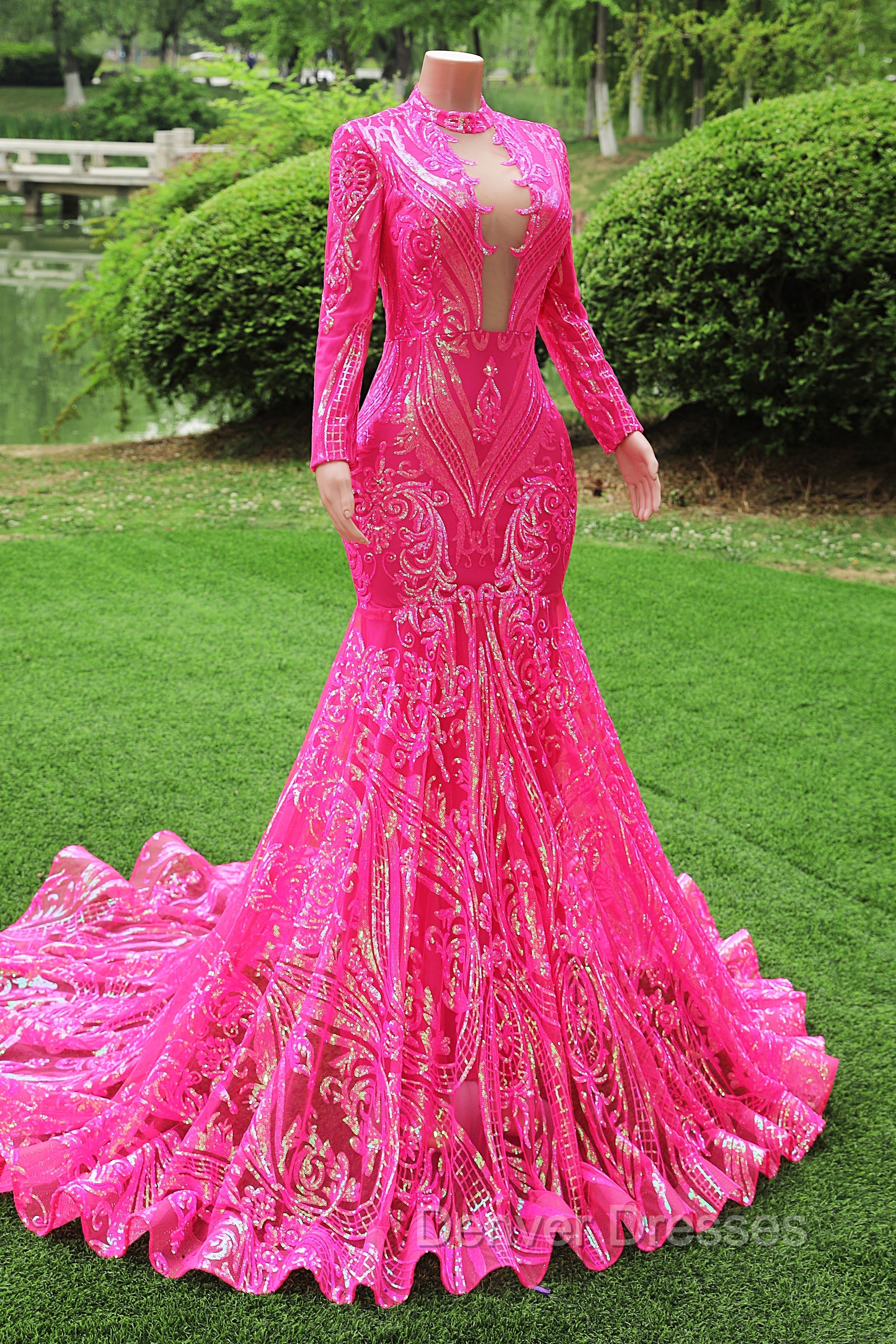 Elegant Hot Pink Mermaid Prom Dress Sequin Evening Party Dress Pageant Dress for Women