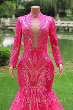 Elegant Hot Pink Mermaid Prom Dress Sequin Evening Party Dress Pageant Dress for Women