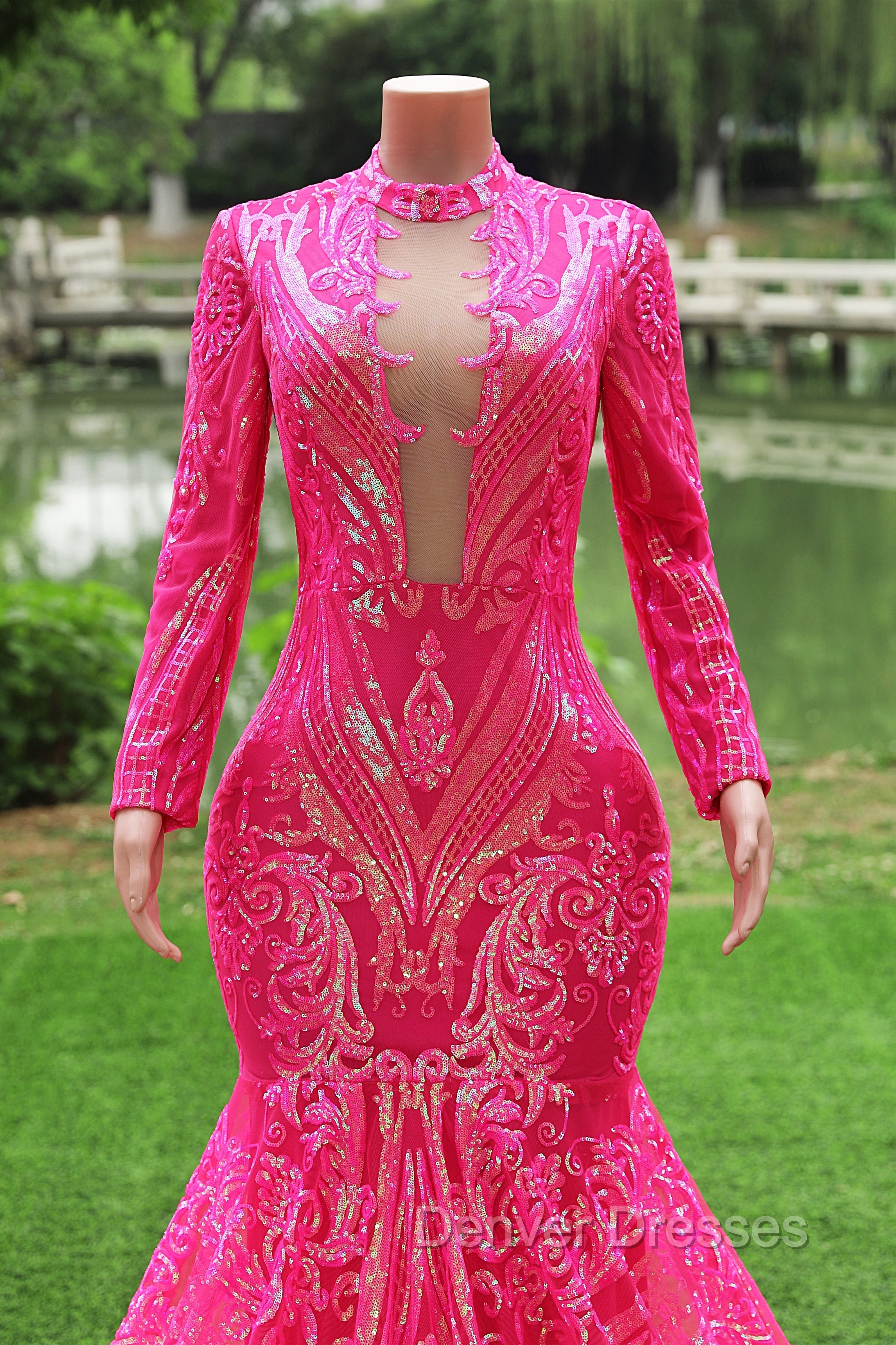 Elegant Hot Pink Mermaid Prom Dress Sequin Evening Party Dress Pageant Dress for Women