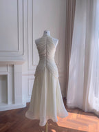 Elegant Ivory A-Line Halter Nack Pearl Pleated Chiffon Prom Dress Evening Dress