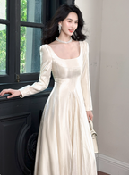 Elegant Ivory A-Line Square Neck Long-Sleeve Satin Long Prom Dress Evening Dress