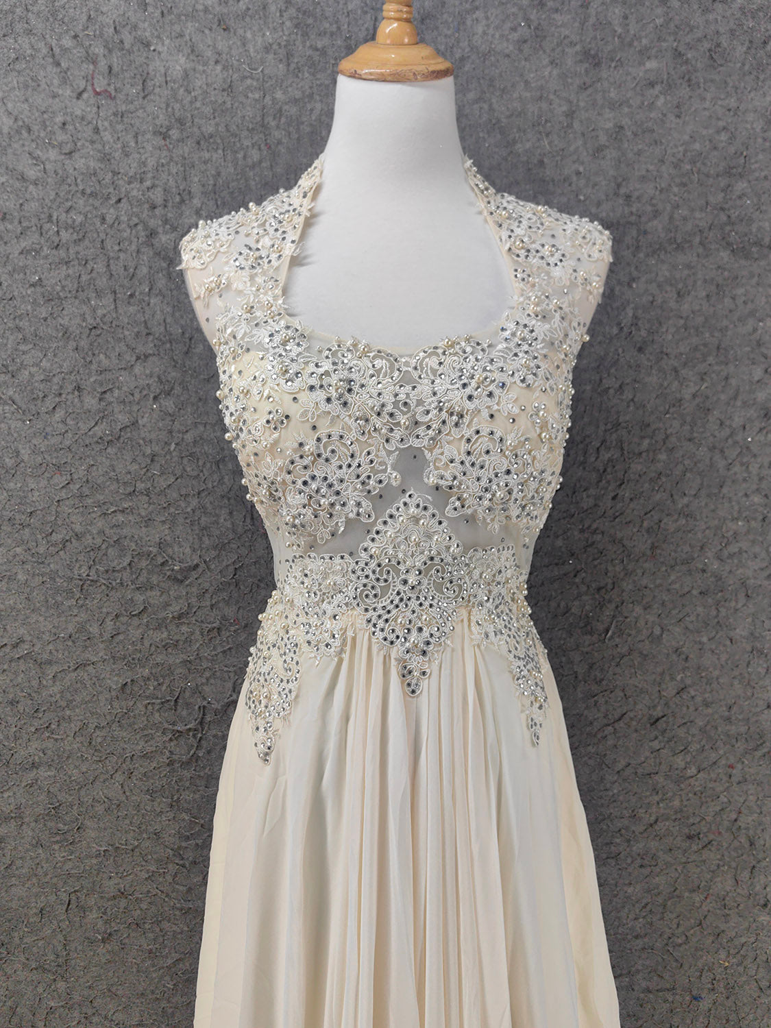 Elegant Ivory Cap-Sleeve Pearl Lace Chiffon Long Prom Dress Evening Dress