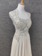 Elegant Ivory Cap-Sleeve Pearl Lace Chiffon Long Prom Dress Evening Dress