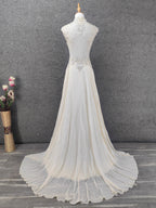 Elegant Ivory Cap-Sleeve Pearl Lace Chiffon Long Prom Dress Evening Dress