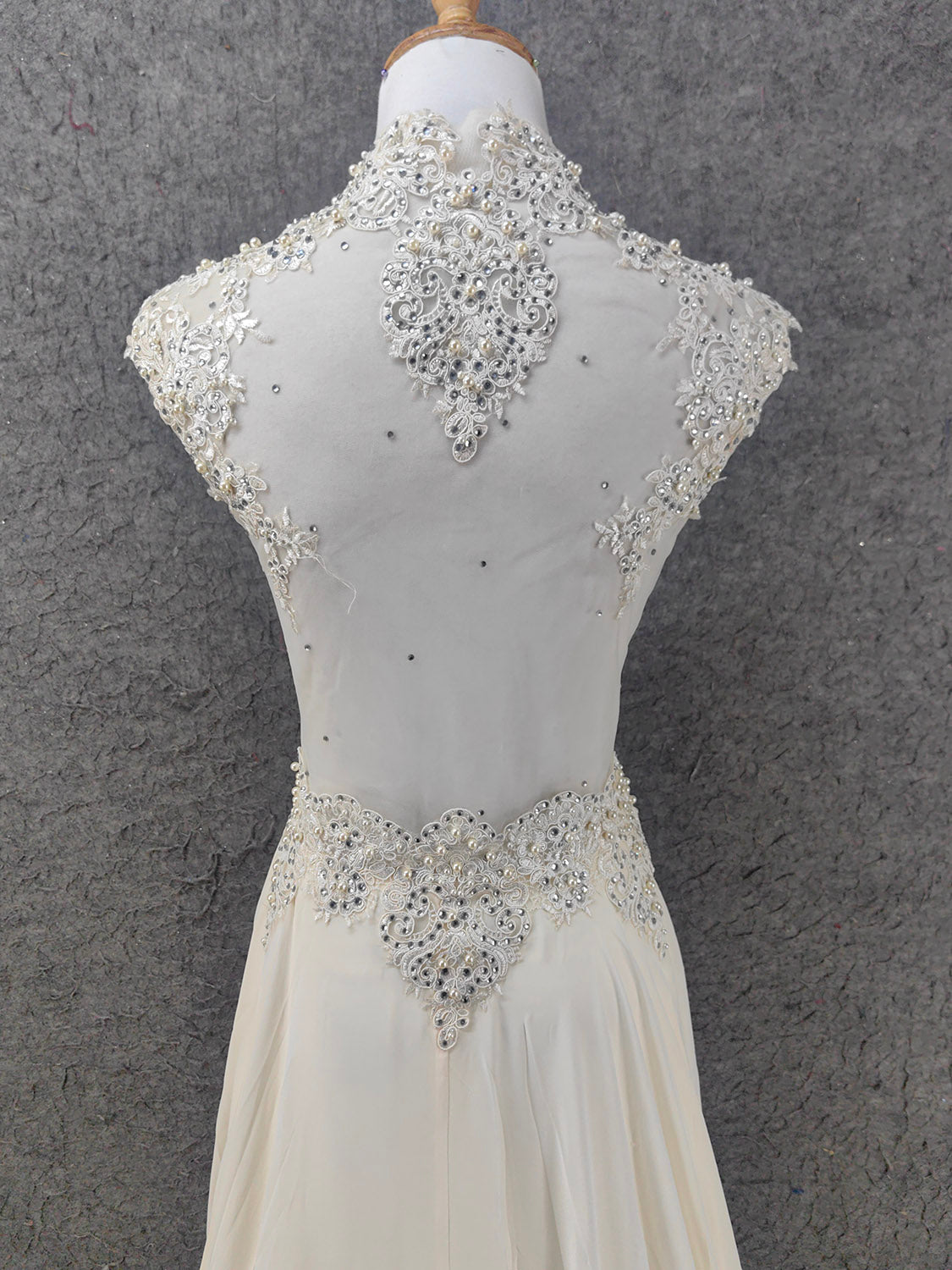 Elegant Ivory Cap-Sleeve Pearl Lace Chiffon Long Prom Dress Evening Dress