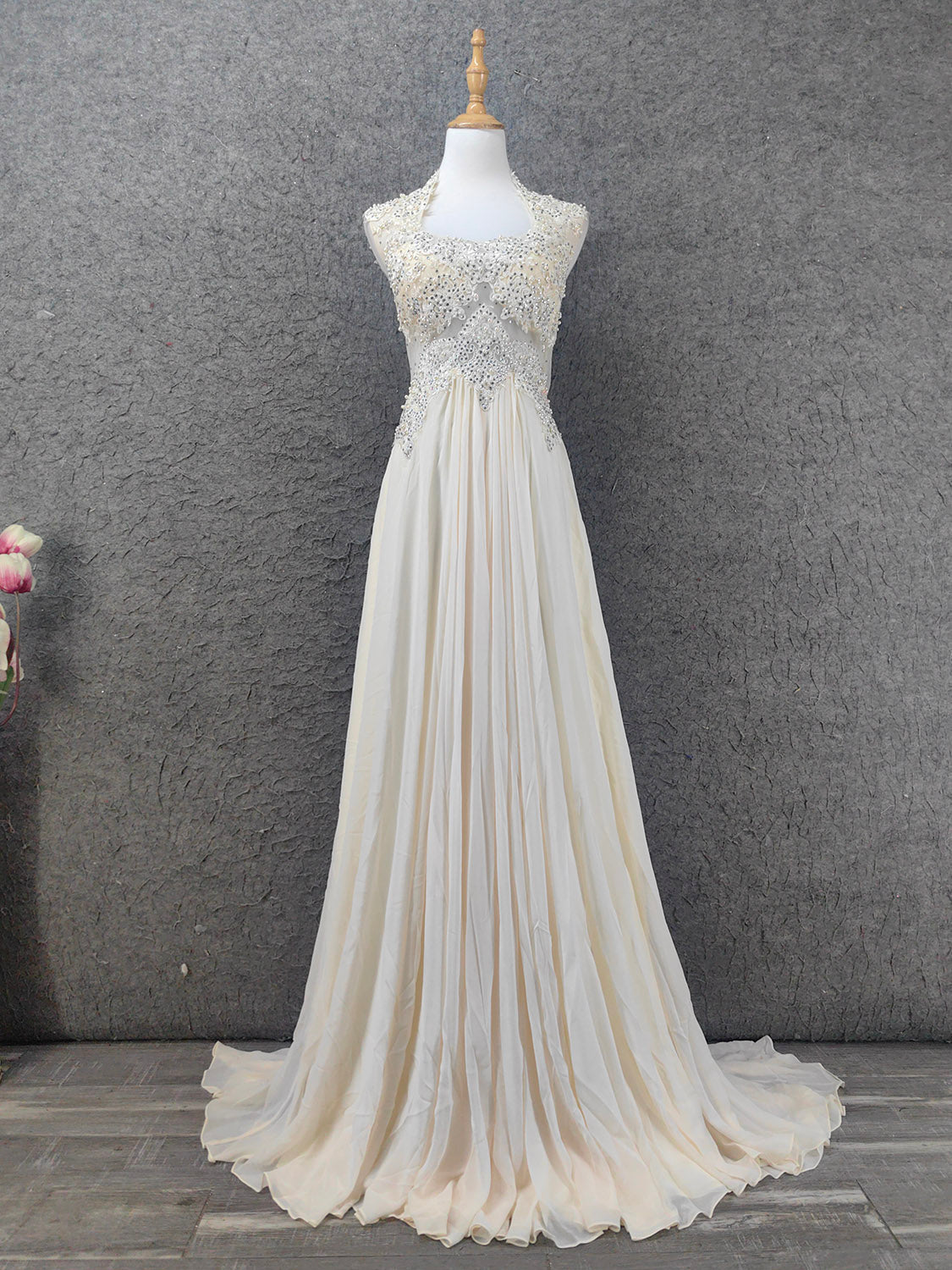 Elegant Ivory Cap-Sleeve Pearl Lace Chiffon Long Prom Dress Evening Dress Main image