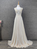 Elegant Ivory Cap-Sleeve Pearl Lace Chiffon Long Prom Dress Evening Dress