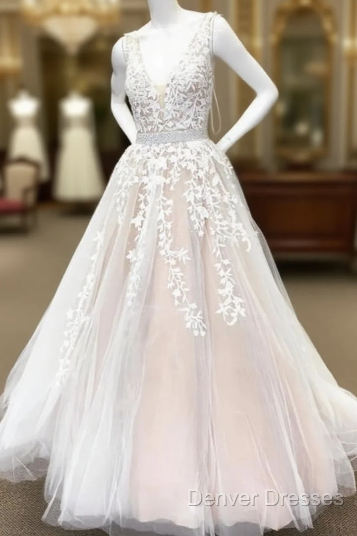 Elegant Ivory Lace Embroidery Champagne Tulle Wedding Dress V Neck Main image