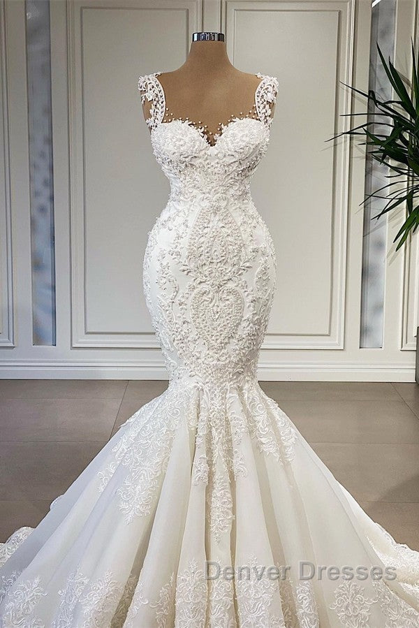 Elegant Ivory Long Mermaid Sweetheart Ruffles Lace Wedding Dress