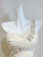 Elegant Ivory Mermaid One-Shoulder Neckline Pearl Rhinestone Satin Long Prom Dress Evening Dress Bridesmaid Dress