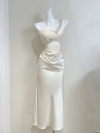 Elegant Ivory Mermaid One-Shoulder Neckline Pearl Rhinestone Satin Long Prom Dress Evening Dress Bridesmaid Dress