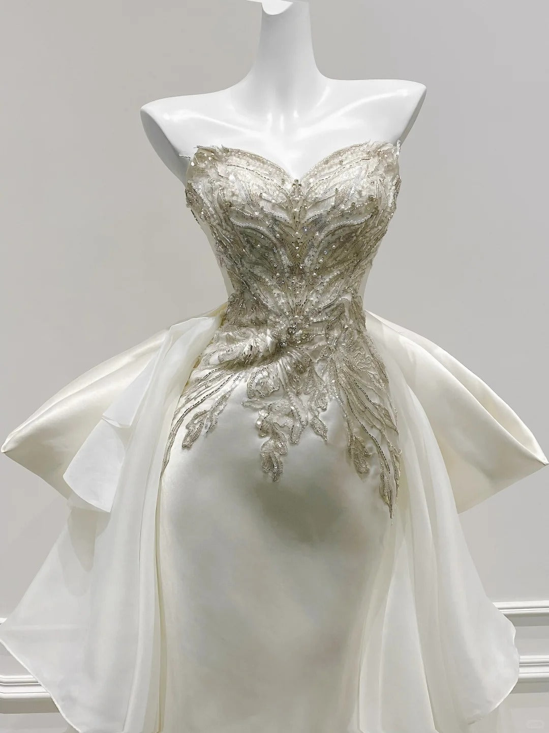 Elegant Ivory Mermaid Strapless Beaded Satin Wedding Dress With Train