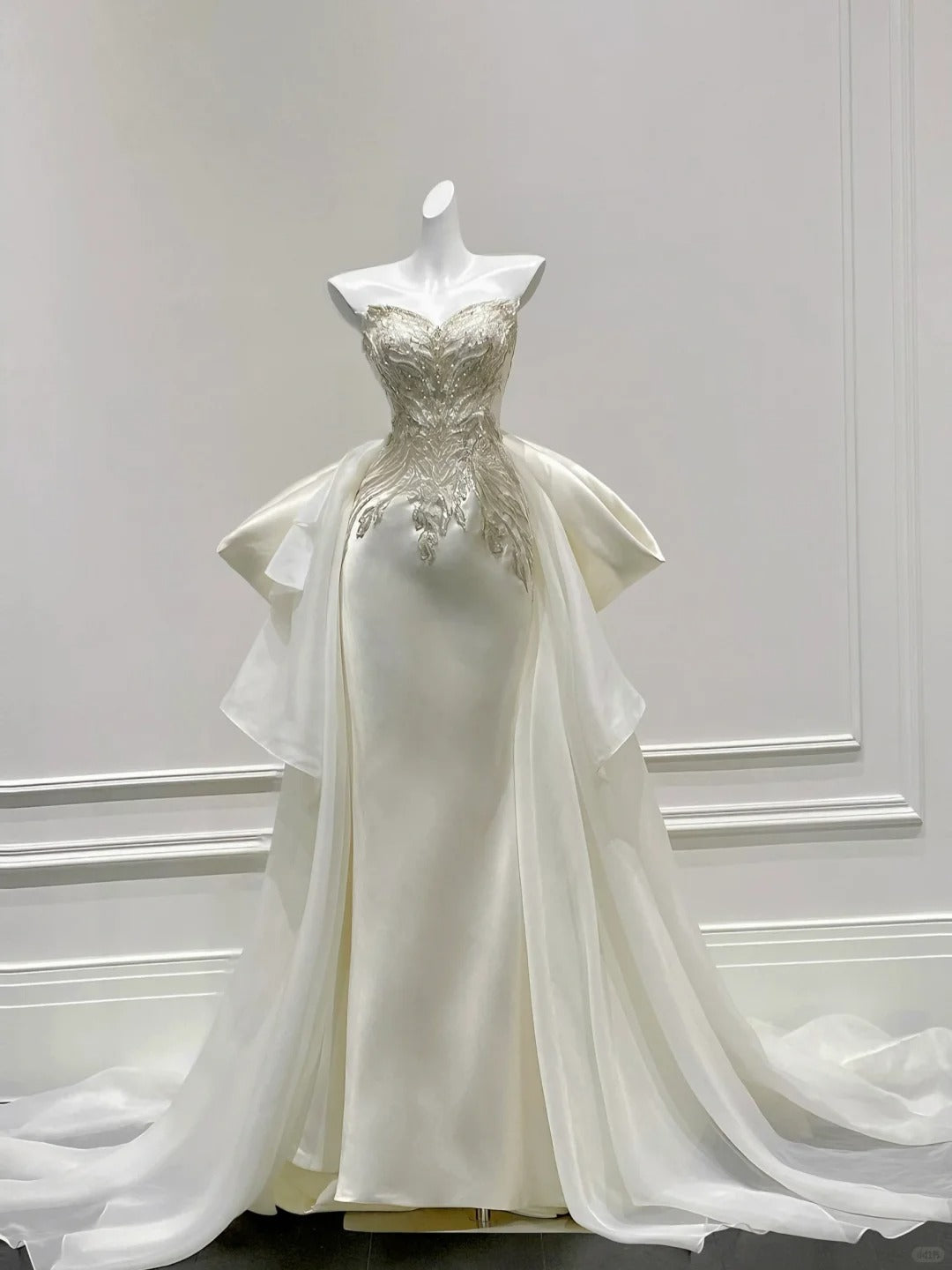 Elegant Ivory Mermaid Strapless Beaded Satin Wedding Dress With Train
