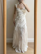 Elegant Ivory Pleated Satin Long Prom Dress Evening Dress