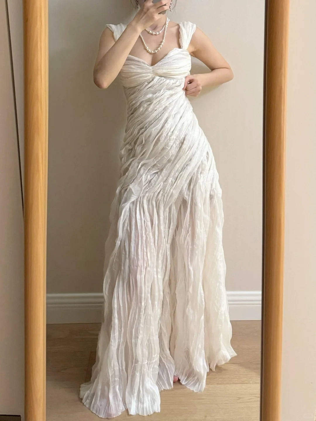 Elegant Ivory Pleated Satin Long Prom Dress Evening Dress