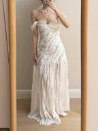 Elegant Ivory Pleated Satin Long Prom Dress Evening Dress