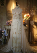 Elegant Ivory Strapless Beaded Floral Tulle Train Long Prom Dress Evening Dress