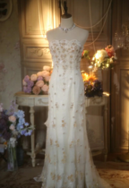 Elegant Ivory Strapless Beaded Floral Tulle Train Long Prom Dress Evening Dress