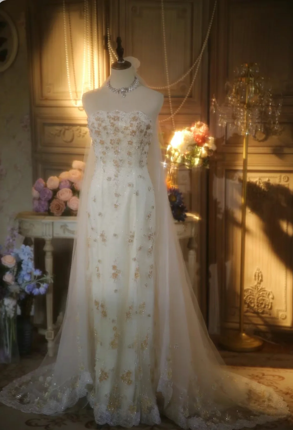 Elegant Ivory Strapless Beaded Floral Tulle Train Long Prom Dress Evening Dress Main image