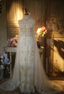 Elegant Ivory Strapless Beaded Floral Tulle Train Long Prom Dress Evening Dress