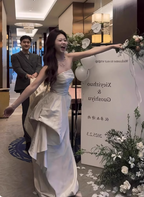 Elegant Ivory Strapless High-Slit Satin Train Prom Dress Evening Dress Wedding Dress