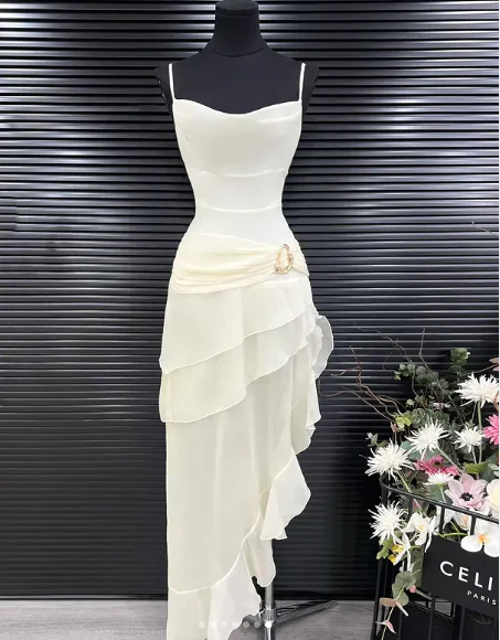 Elegant Ivory Straps Sheath Vintage Long Evening Party Dress