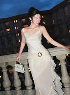Elegant Ivory Straps Sheath Vintage Long Evening Party Dress
