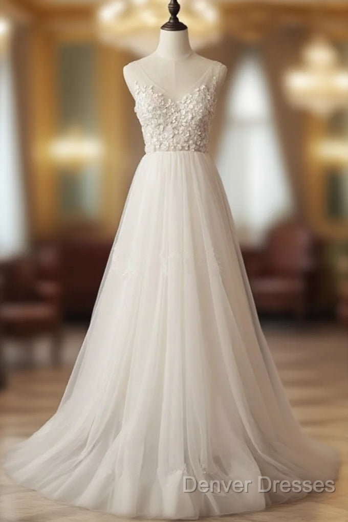 Elegant Ivory Tulle V-Neck A Line Floor Length Wedding Dress Main image