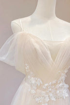 Elegant Ivory Tulle with Lace Long Off Shoulder Party Dress A-line Prom Dress prom Dress shops