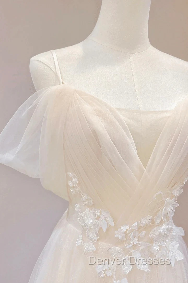 Elegant Ivory Tulle with Lace Long Off Shoulder Party Dress A-line Prom Dress prom Dress shops