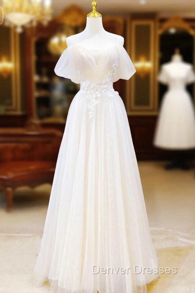 Elegant Ivory Tulle with Lace Long Off Shoulder Party Dress A-line Prom Dress prom Dress shops Main image