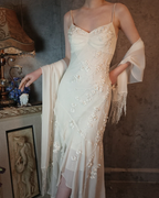 Elegant Ivory Mermaid V-Neck Thin Straps 3D Floral Chiffon Long Prom Dress Evening Dress