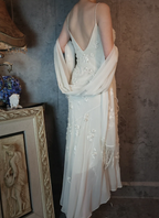 Elegant Ivory Mermaid V-Neck Thin Straps 3D Floral Chiffon Long Prom Dress Evening Dress