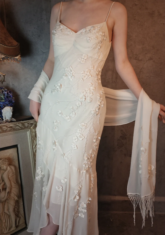 Elegant Ivory Mermaid V-Neck Thin Straps 3D Floral Chiffon Long Prom Dress Evening Dress