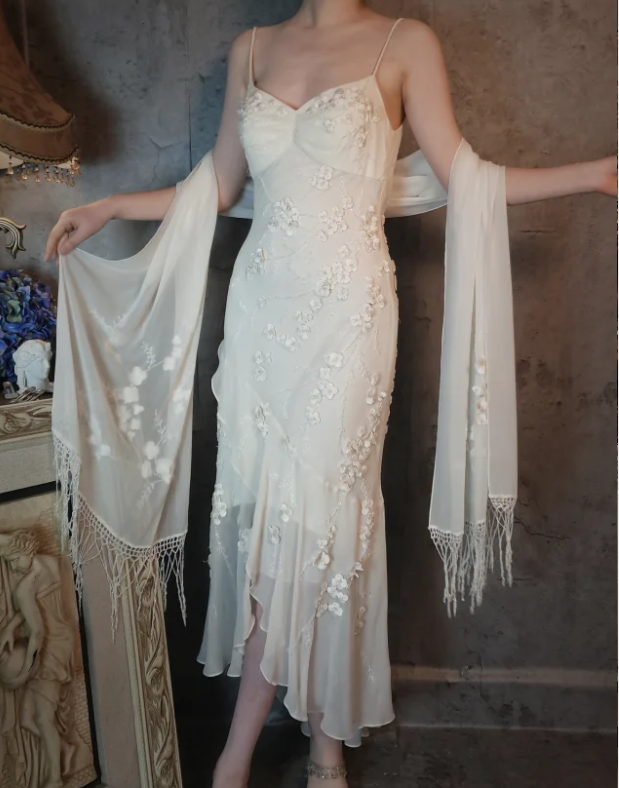 Elegant Ivory Mermaid V-Neck Thin Straps 3D Floral Chiffon Long Prom Dress Evening Dress Main image
