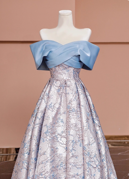 Elegant Jacquard Satin Off-The-Shoulder Long Prom Dress Evening Dress