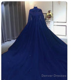 Elegant Lace Embroidery Tulle Beaded Quinceanera Prom Dresses Navy Blue Ball Gown With Cape