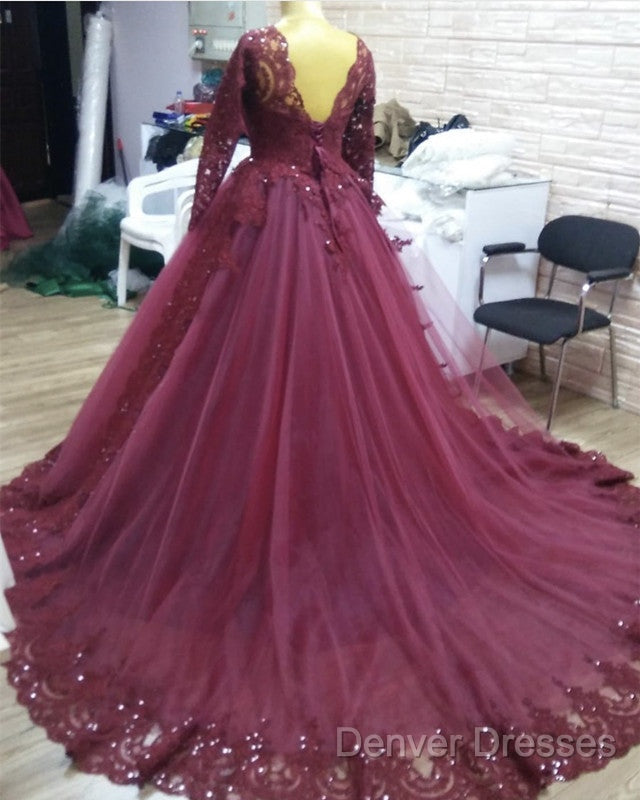 Elegant Lace Long Sleeves Prom Ball Gown Dress