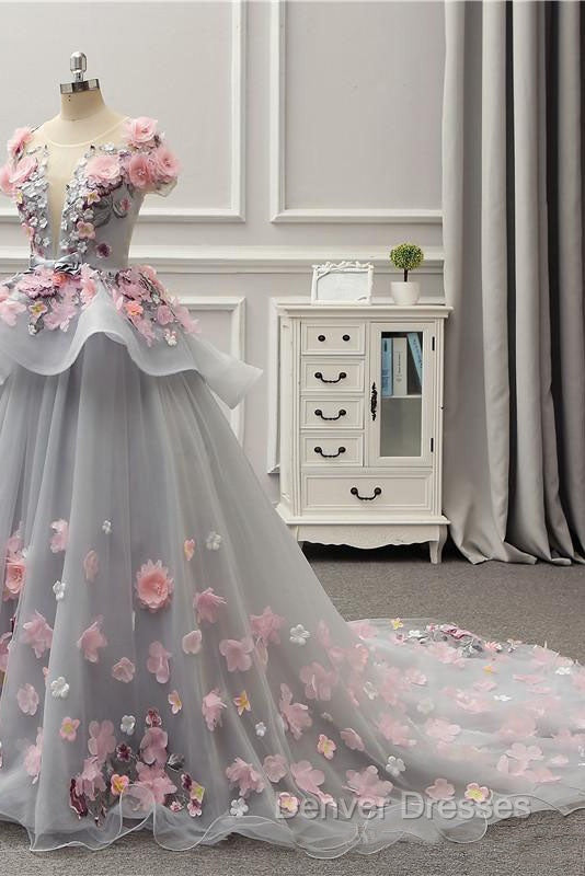 Elegant Lace-up Back Floral Appliques Grey Long Prom Dress Secondary image
