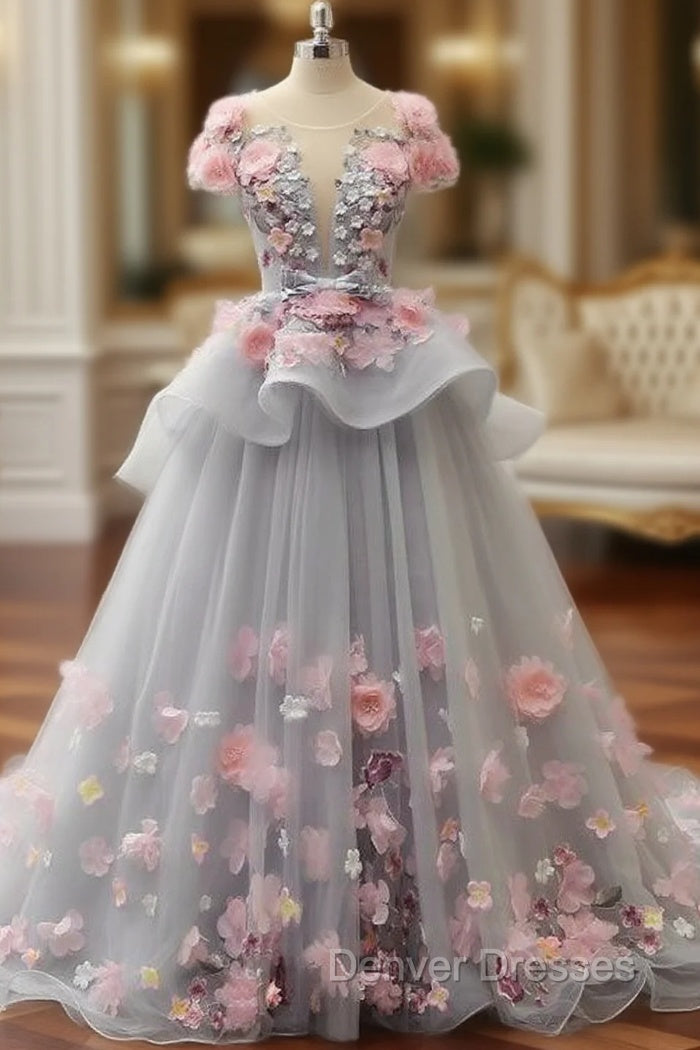 Elegant Lace-up Back Floral Appliques Grey Long Prom Dress Main image