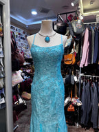Elegant Lake Blue Mermaid Halter-Neck Lace Long Prom Dress Evening Dress