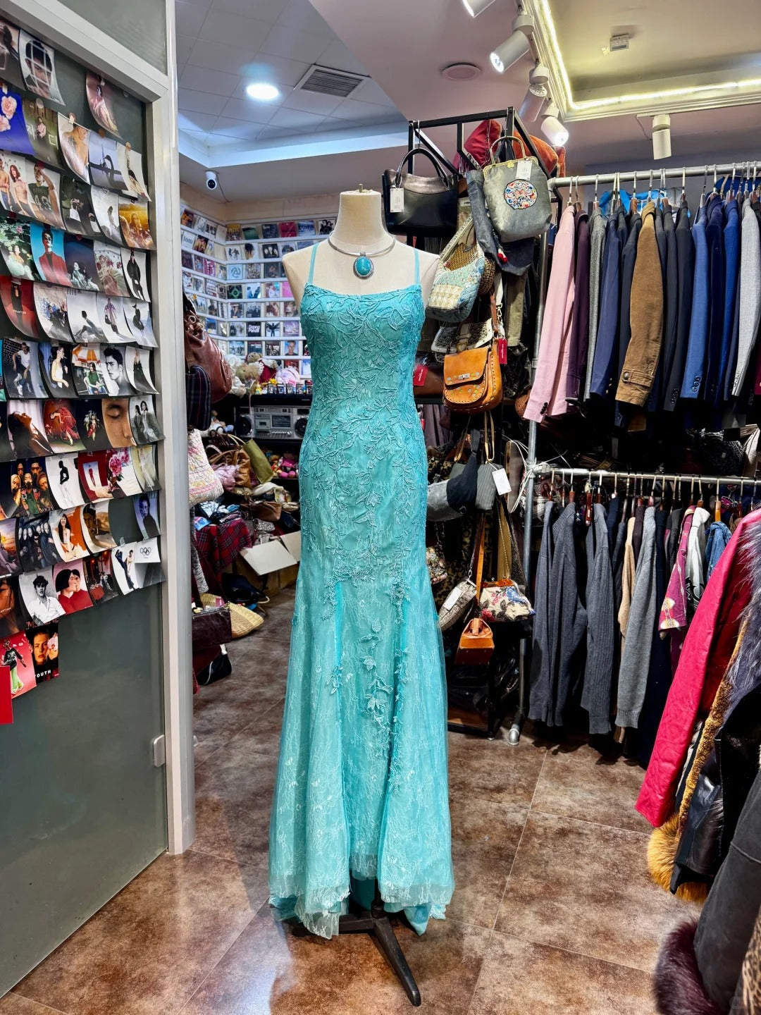 Elegant Lake Blue Mermaid Halter-Neck Lace Long Prom Dress Evening Dress Main image