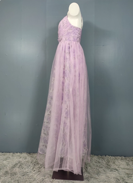 Elegant Lavender A-Line V-Neck Spaghetti Strap Tulle Long Prom Dress Evening Dress Secondary image