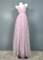Elegant Lavender A-Line V-Neck Spaghetti Strap Tulle Long Prom Dress Evening Dress