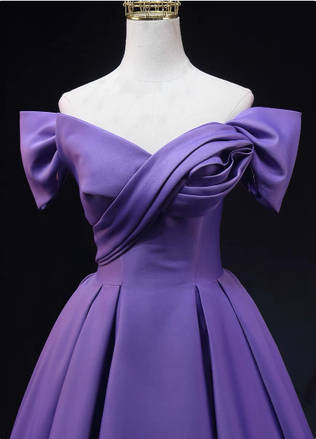 Elegant Lavender Off-The-Shoulder Ruffled Satin Long Prom Dress Evening Dress