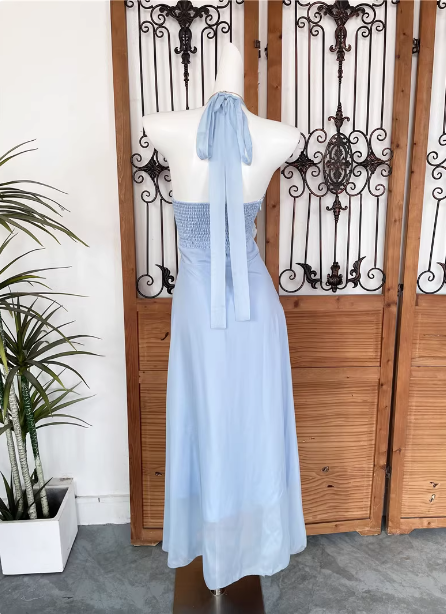 Elegant Light Blue A-Line Halter V-Neck 3D Floral Chiffon Long Prom Dress Evening Dress Secondary image