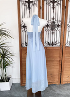 Elegant Light Blue A-Line Halter V-Neck 3D Floral Chiffon Long Prom Dress Evening Dress